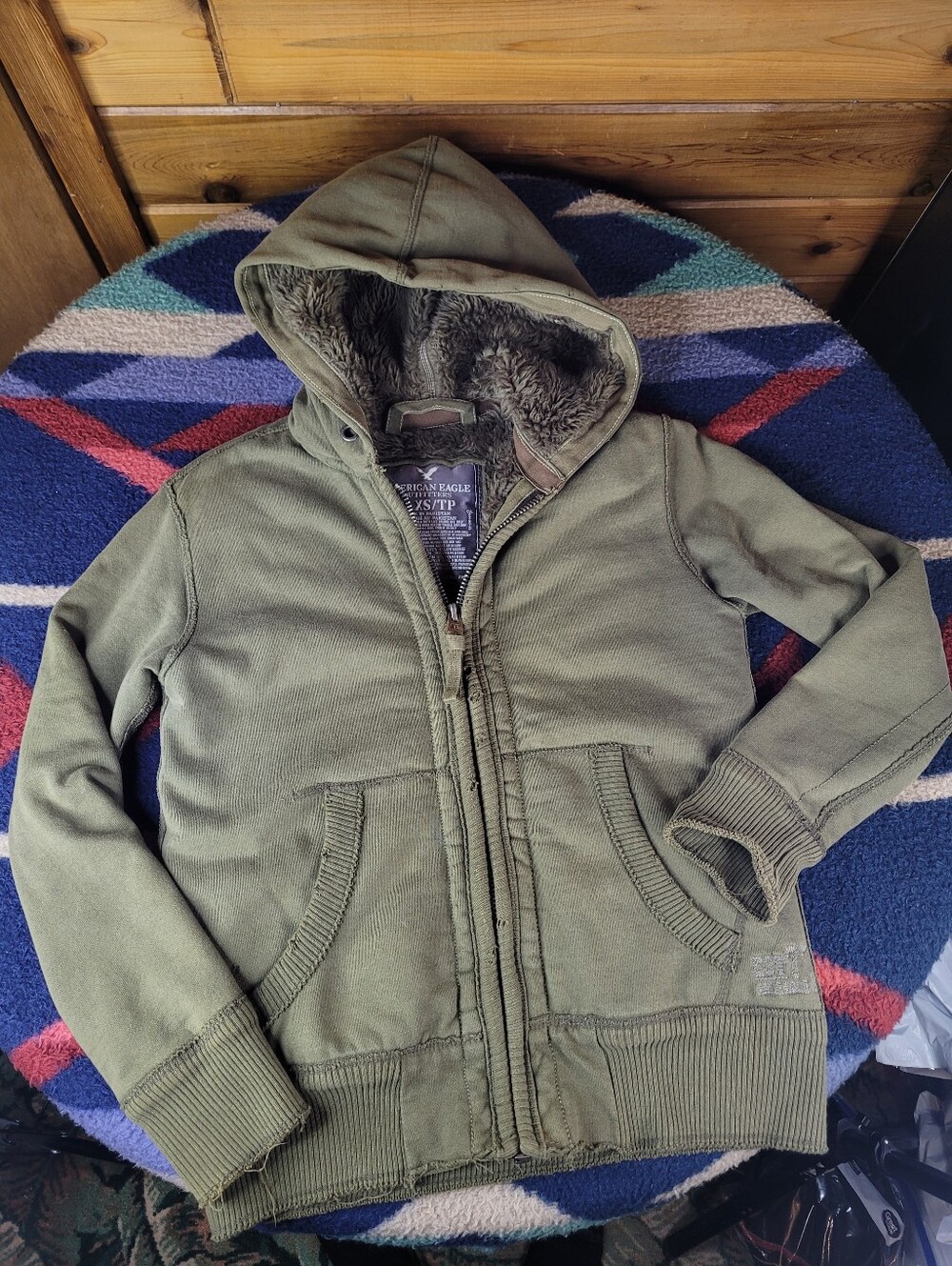 American Eagle Hoodie Women's XS Sherpa Lined Green Sweatshirt Full Zip Y2K